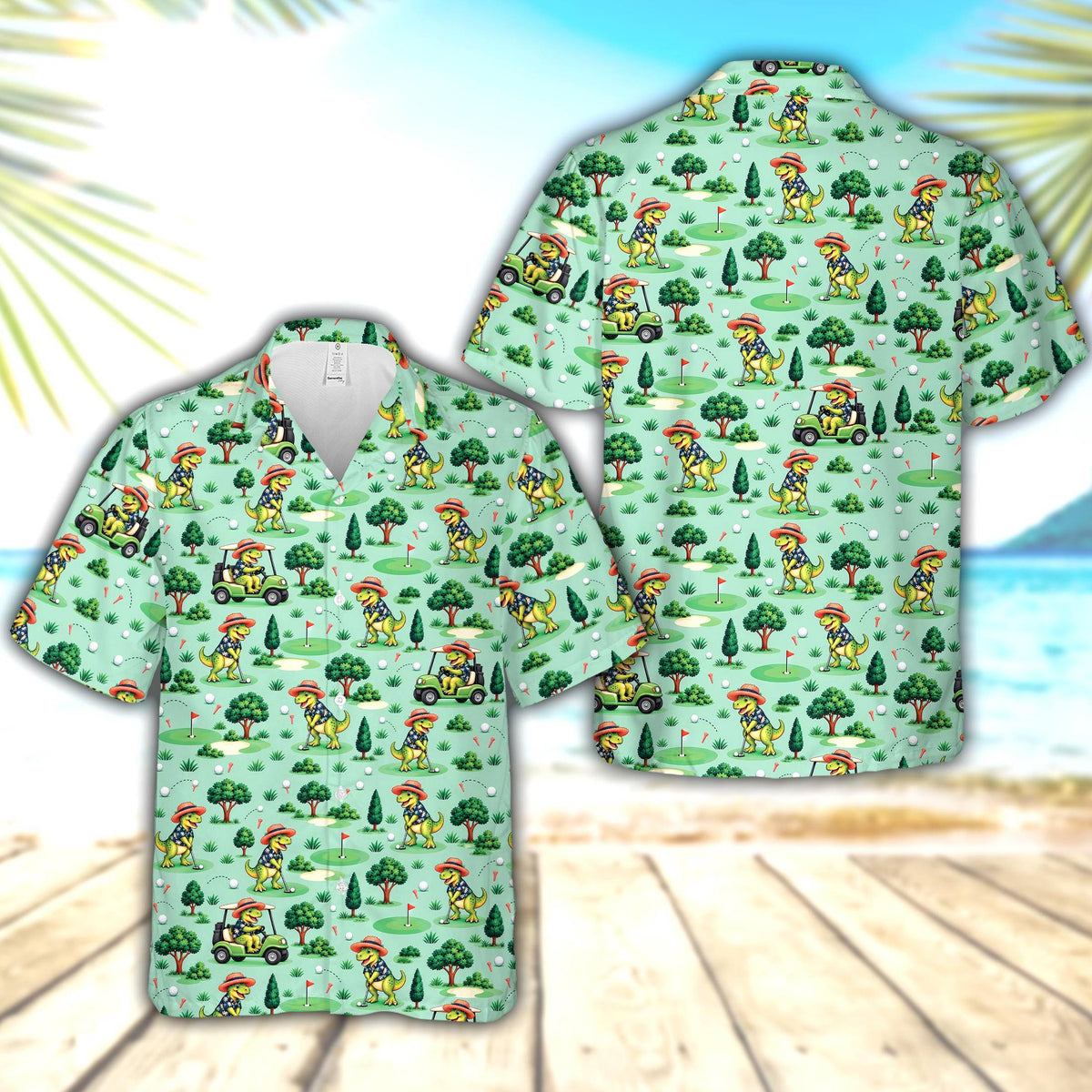 Light green golf dinosaur hawaiian shirt with cartoon T-Rex pattern, front view