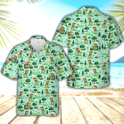 Light green golf dinosaur hawaiian shirt with cartoon T-Rex pattern, front view