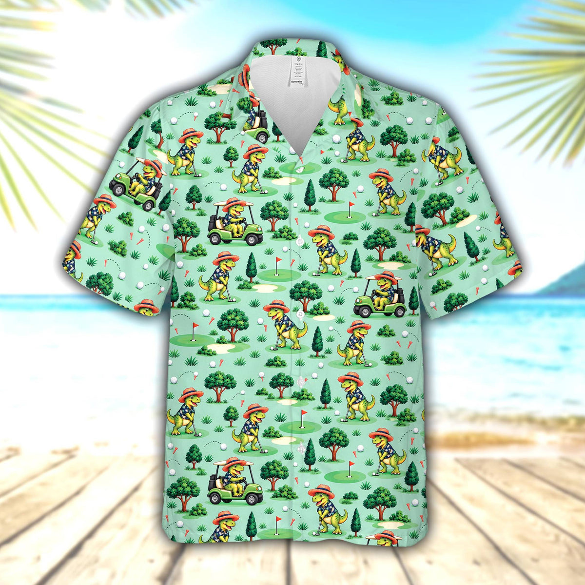 Matching family golf dinosaur hawaiian shirts in multiple sizes, front view