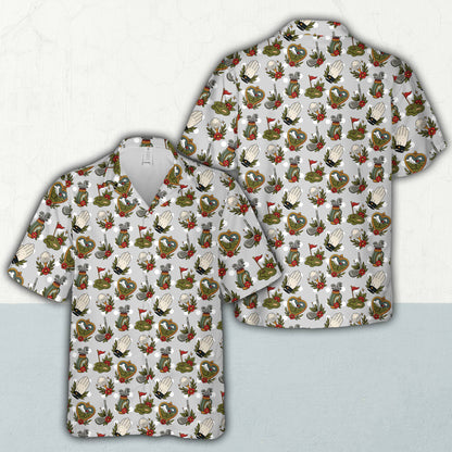 Hawaiian shirt for golf featuring an all-over repeating print of golf bags, balls, and putting greens on a light gray background, front view