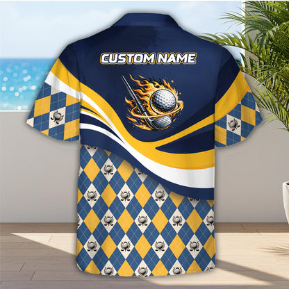 Back view of navy golf hawaiian shirt featuring a golf club and flaming ball design