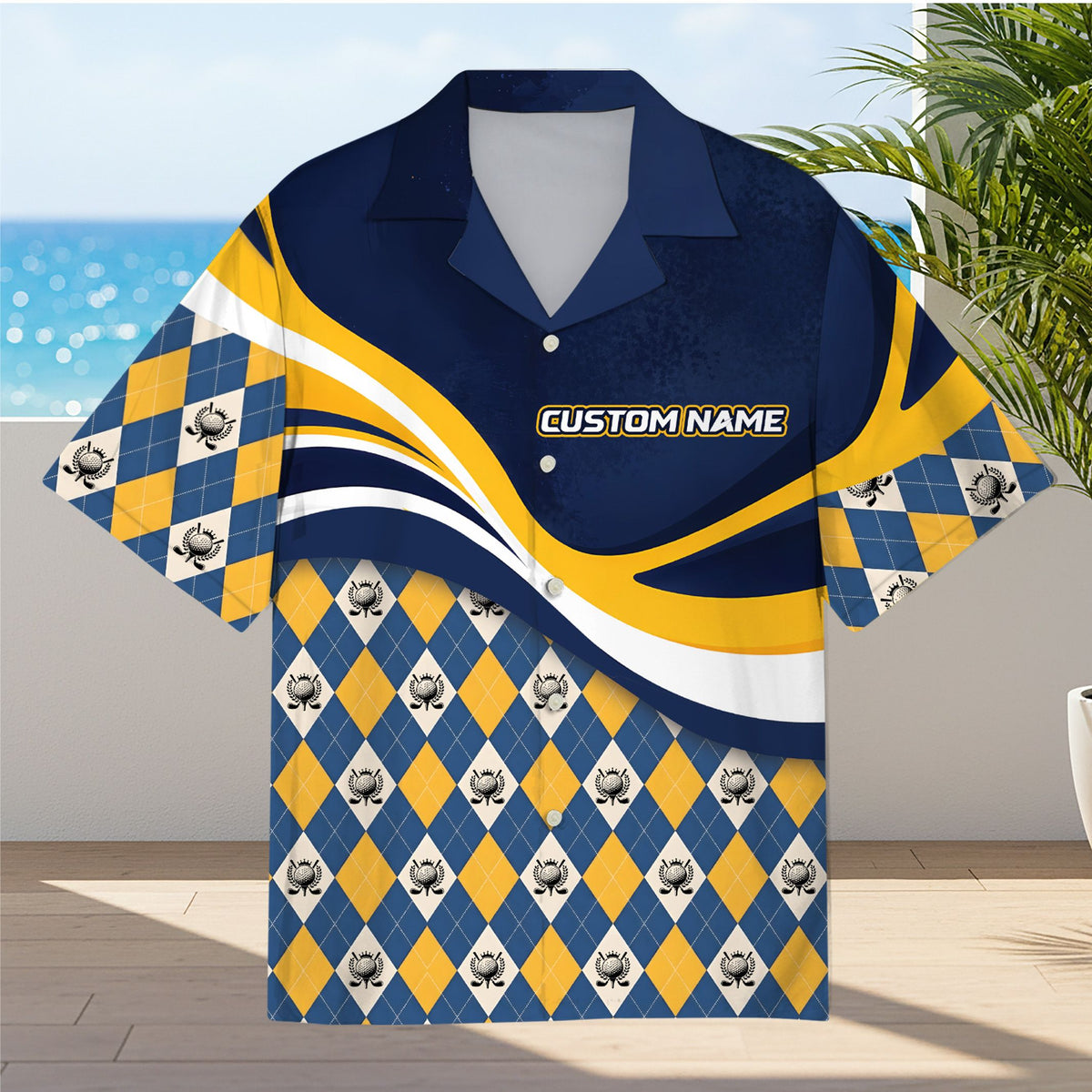 Personalized navy golf hawaiian shirt with custom name, front view alternate