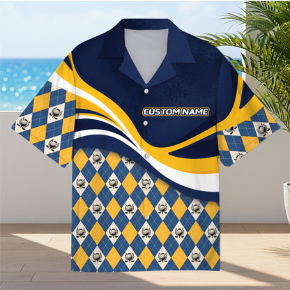 Personalized navy golf hawaiian shirt with custom name, front view alternate