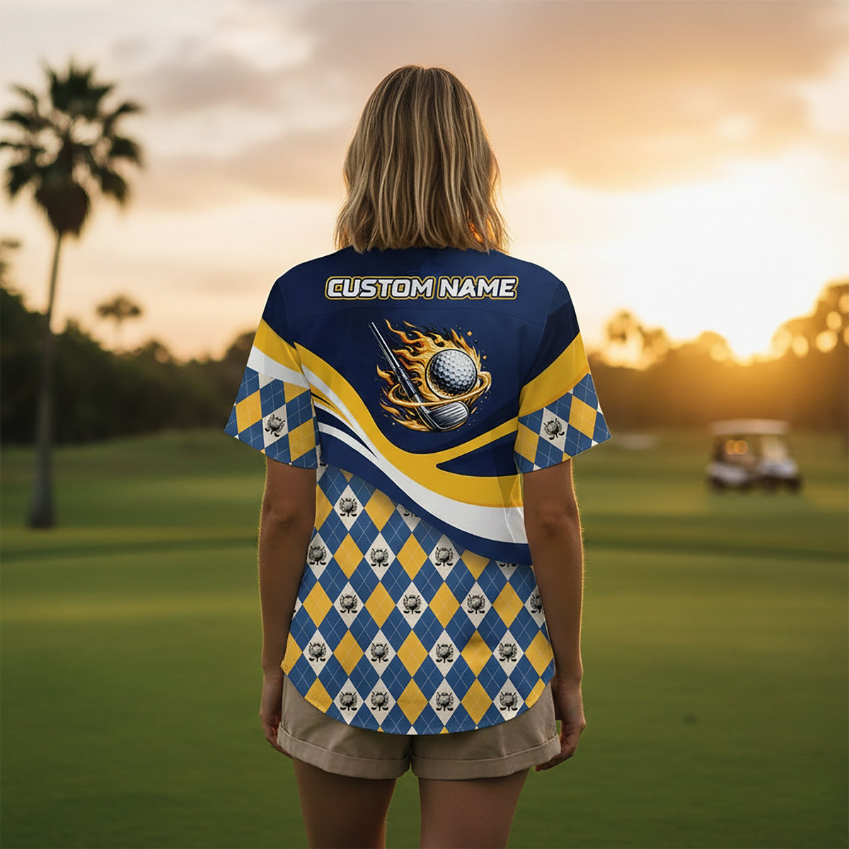 Person modeling the navy golf hawaiian shirt with argyle pattern