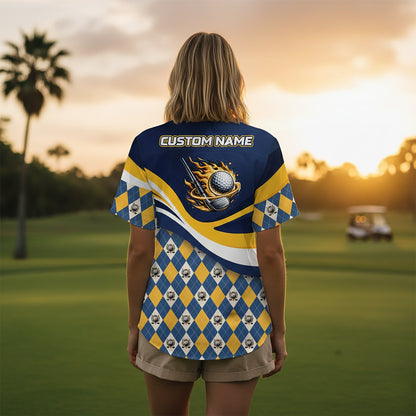 Person modeling the navy golf hawaiian shirt with argyle pattern
