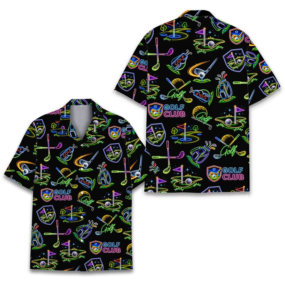 Detailed front view of the abstract neon golf pattern on a black shirt