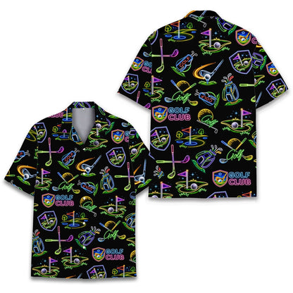 Detailed front view of the abstract neon golf pattern on a black shirt