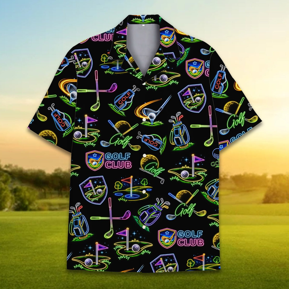 Golf neon hawaiian shirt with bright golf clubs and greens on a black background, main view