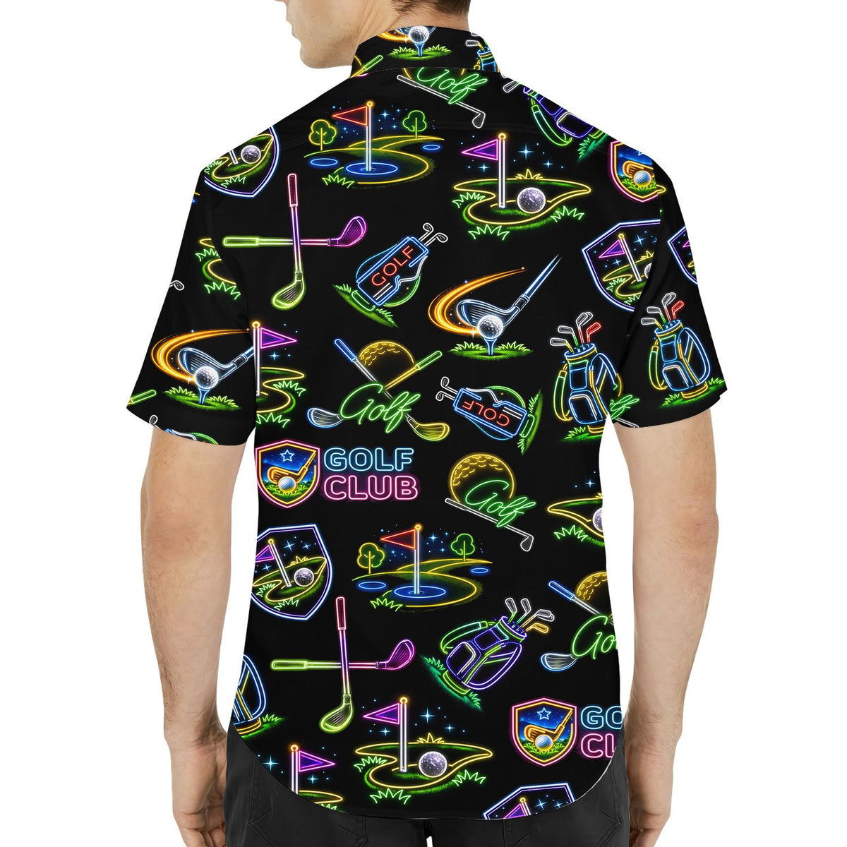 Second lifestyle image showing the neon golf hawaiian shirt worn outdoors