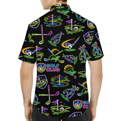 Second lifestyle image showing the neon golf hawaiian shirt worn outdoors