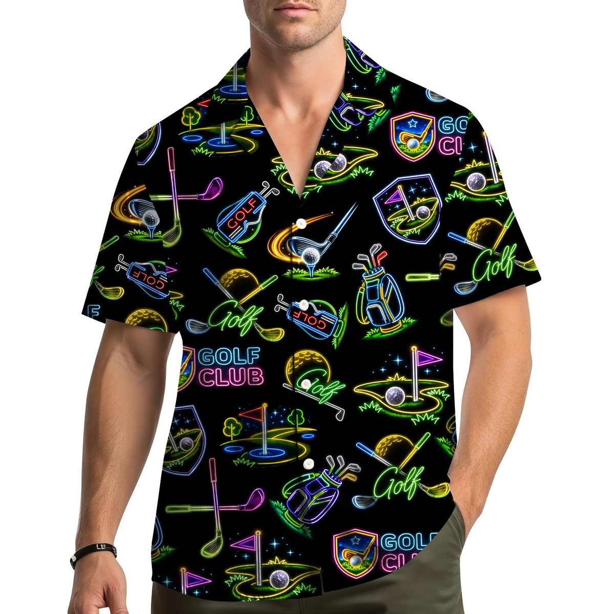 Lifestyle image of an adult wearing the golf neon hawaiian shirt