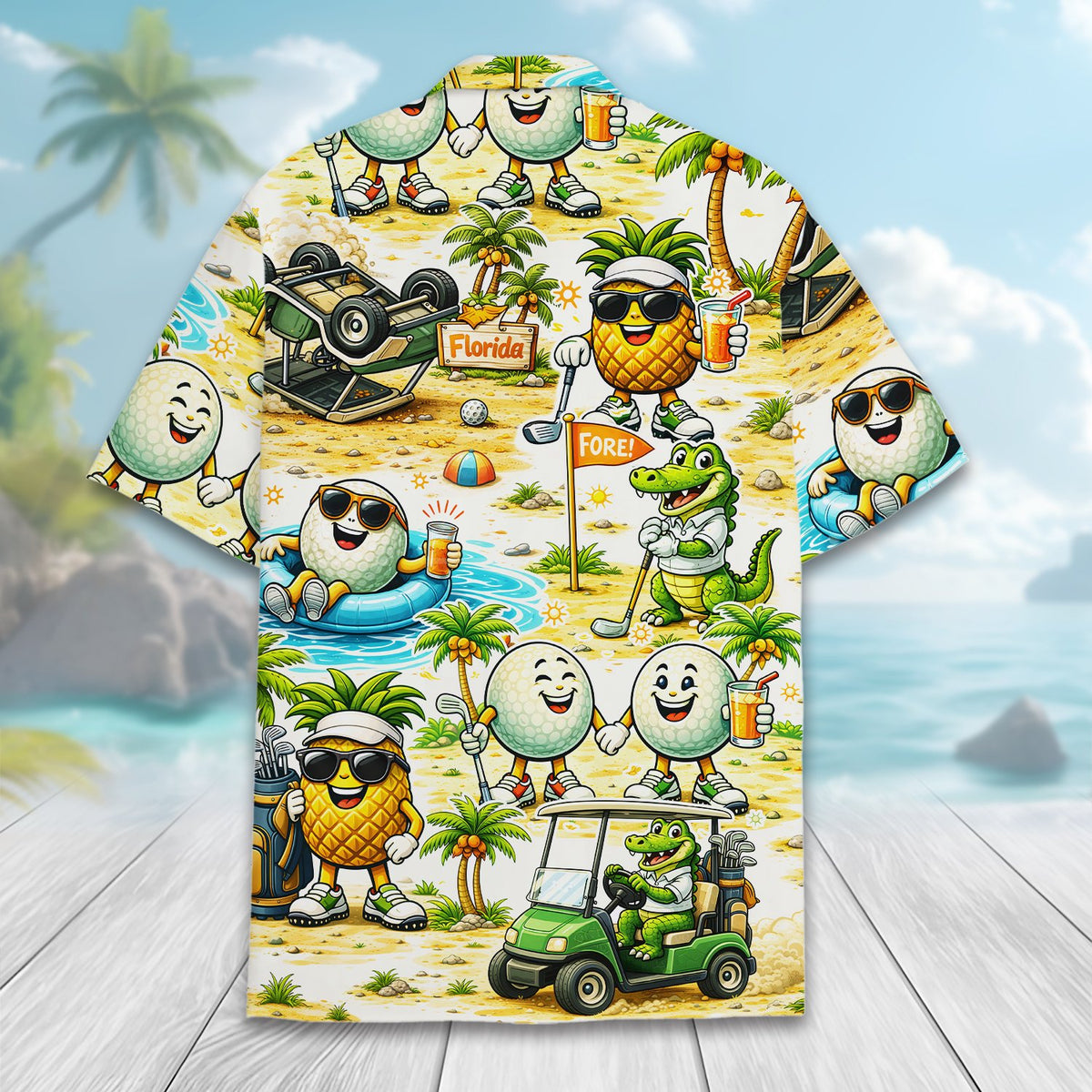 Detailed back view showing the cartoon alligator and golf cart print
