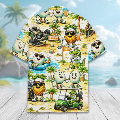 Detailed back view showing the cartoon alligator and golf cart print