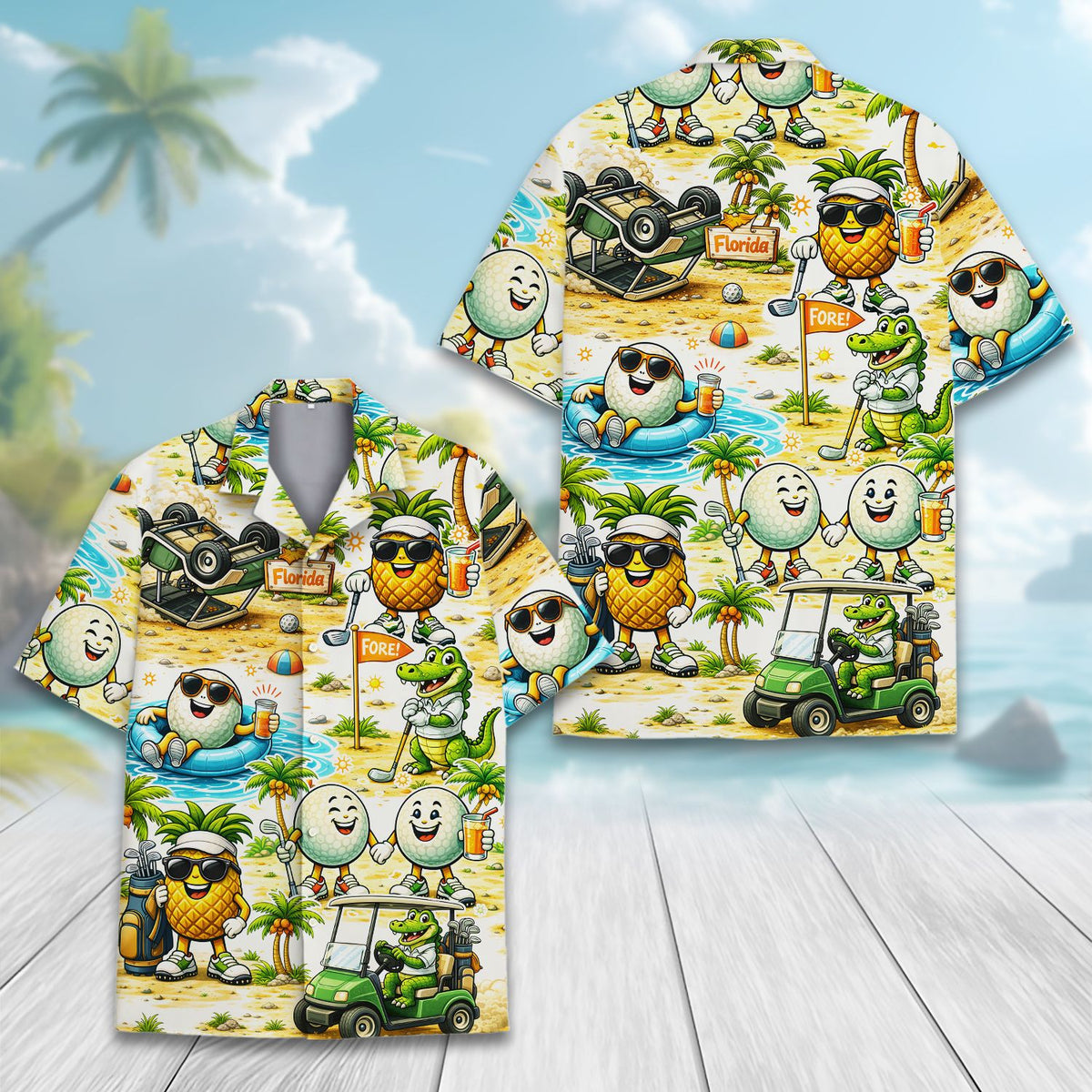 Alternative front view of the golfing tropical hawaiian shirt