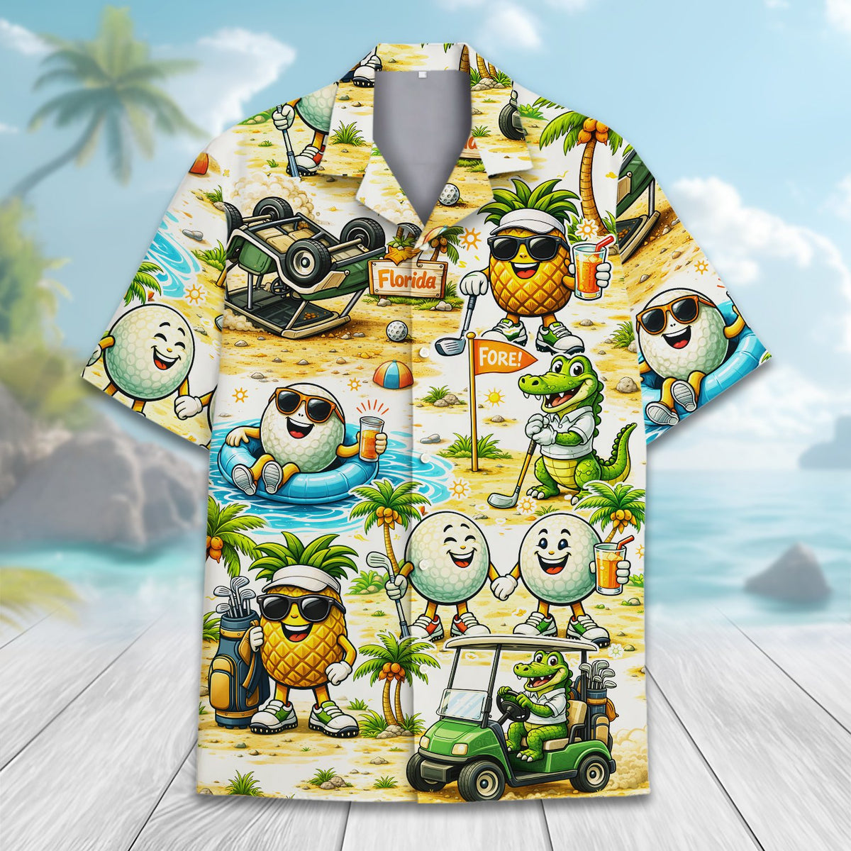 Detailed front view of the fun golf and tropical print shirt