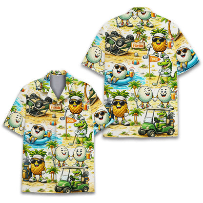 Golfing tropical hawaiian shirt with cartoon golf ball and pineapple design