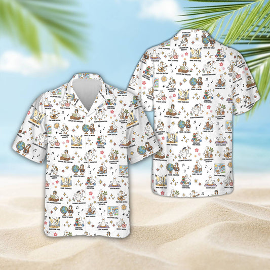 White goose hawaiian shirt featuring cartoon geese on a white background, main front view