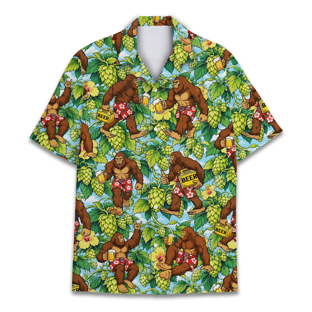 Close up front view of the gorilla hawaiian shirt