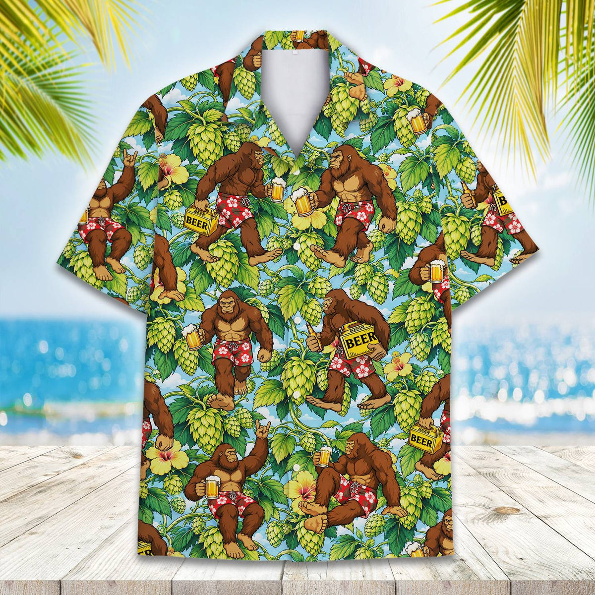 Another front angle of the tropical beer hawaiian shirt