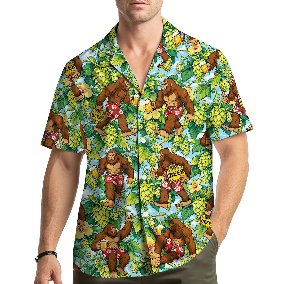Detail front view showing the gorillas in red swim trunks