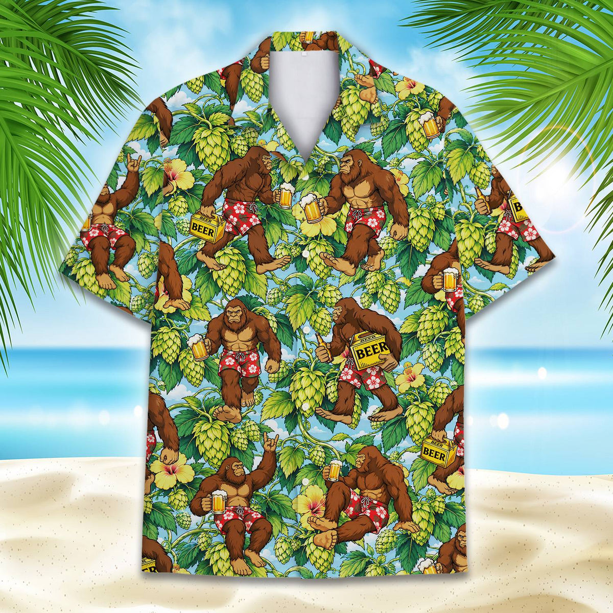 Close up of the blue gorilla hawaiian shirt fabric