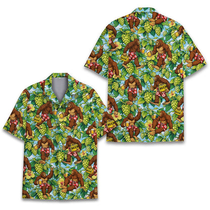Front view of the gorilla tag hawaiian shirt with hop vines and hibiscus