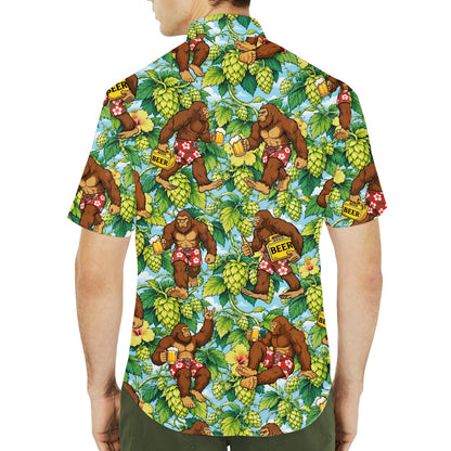 Lifestyle view of the tropical gorilla hawaiian shirt being worn