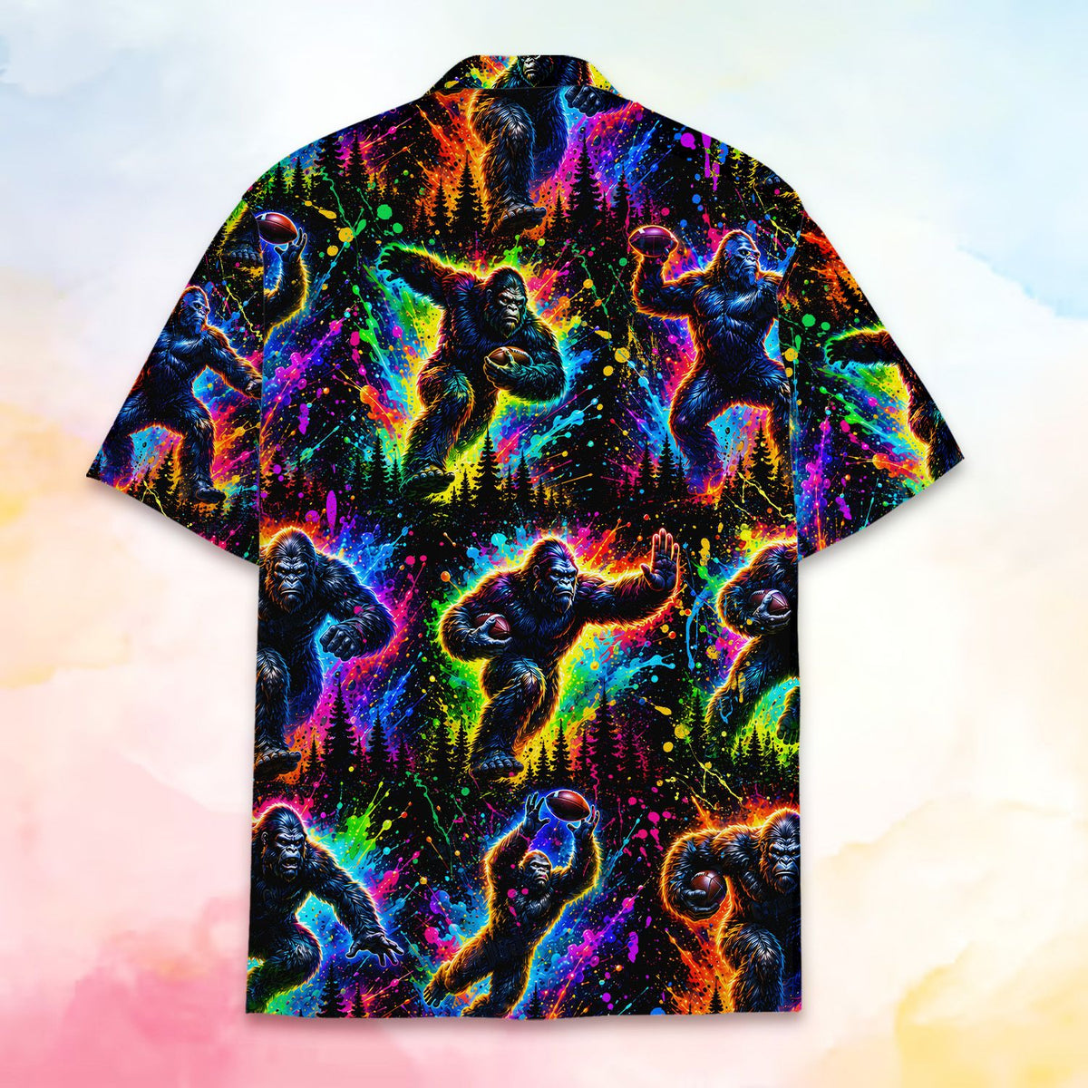 Detailed view of the back pattern on the black gorilla hawaiian shirt