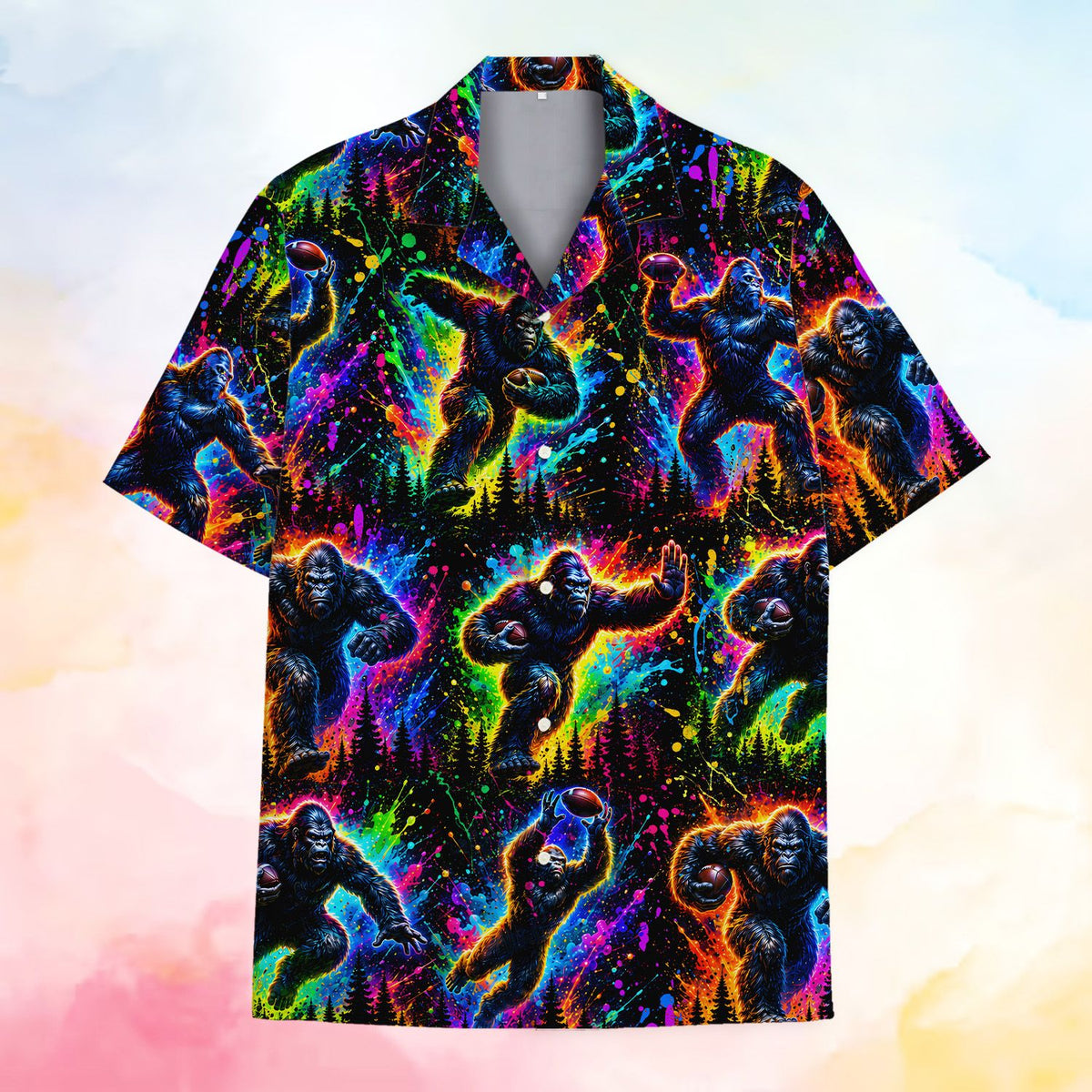 Front flat lay of the gorilla football hawaiian shirt with neon splatters