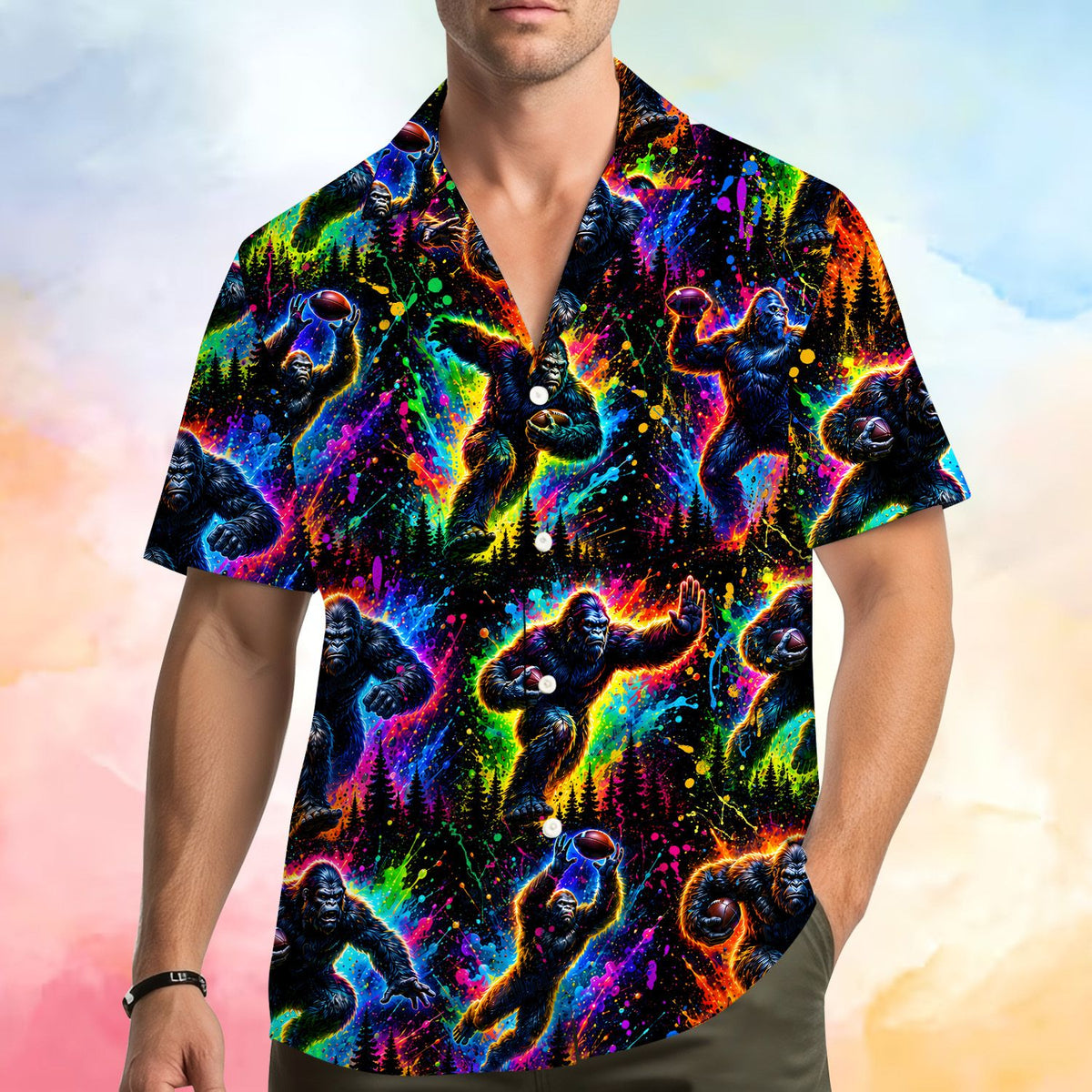 Second lifestyle view showing the abstract hawaiian shirt in a casual setting