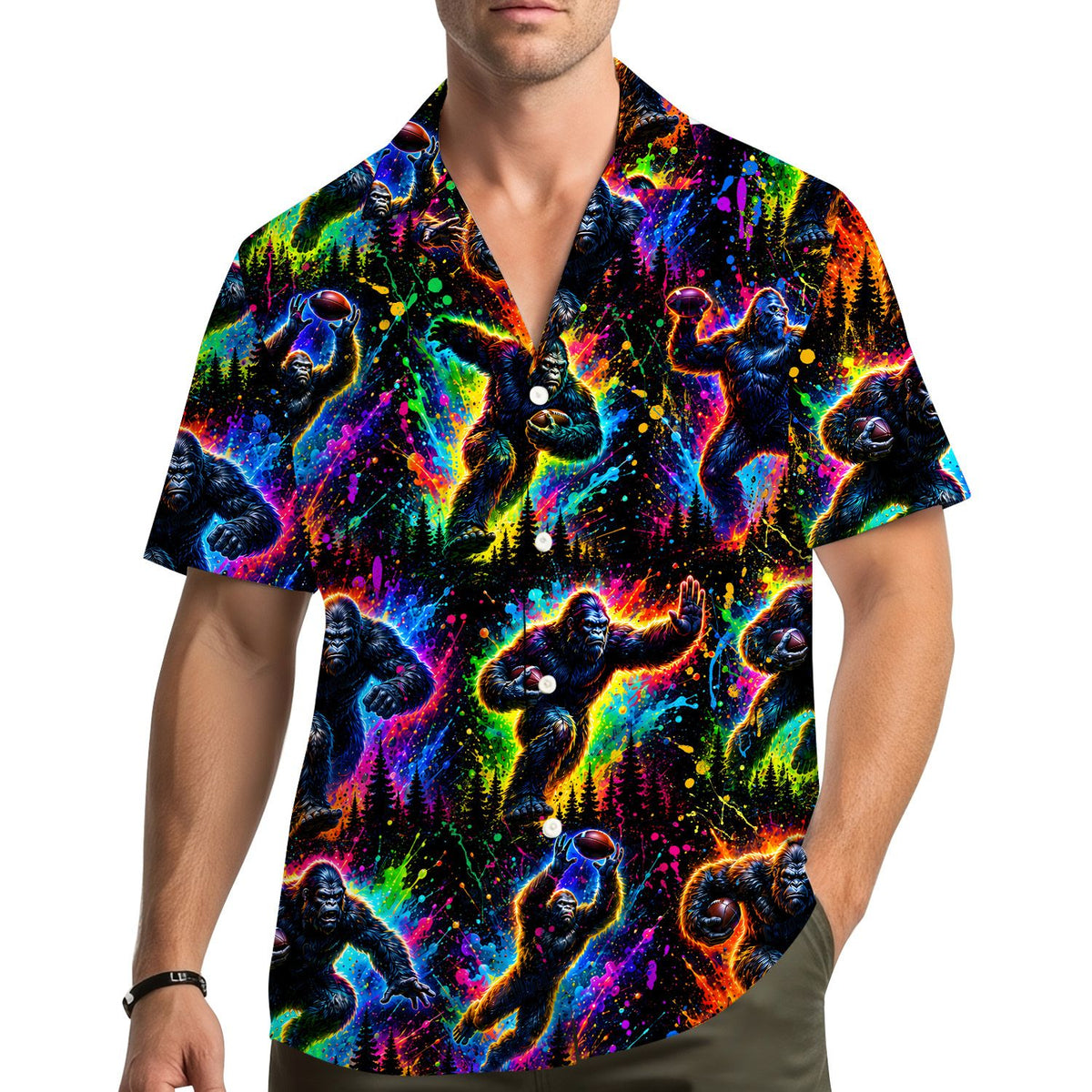 Lifestyle shot of a person wearing the gorilla hawaiian shirt outdoors