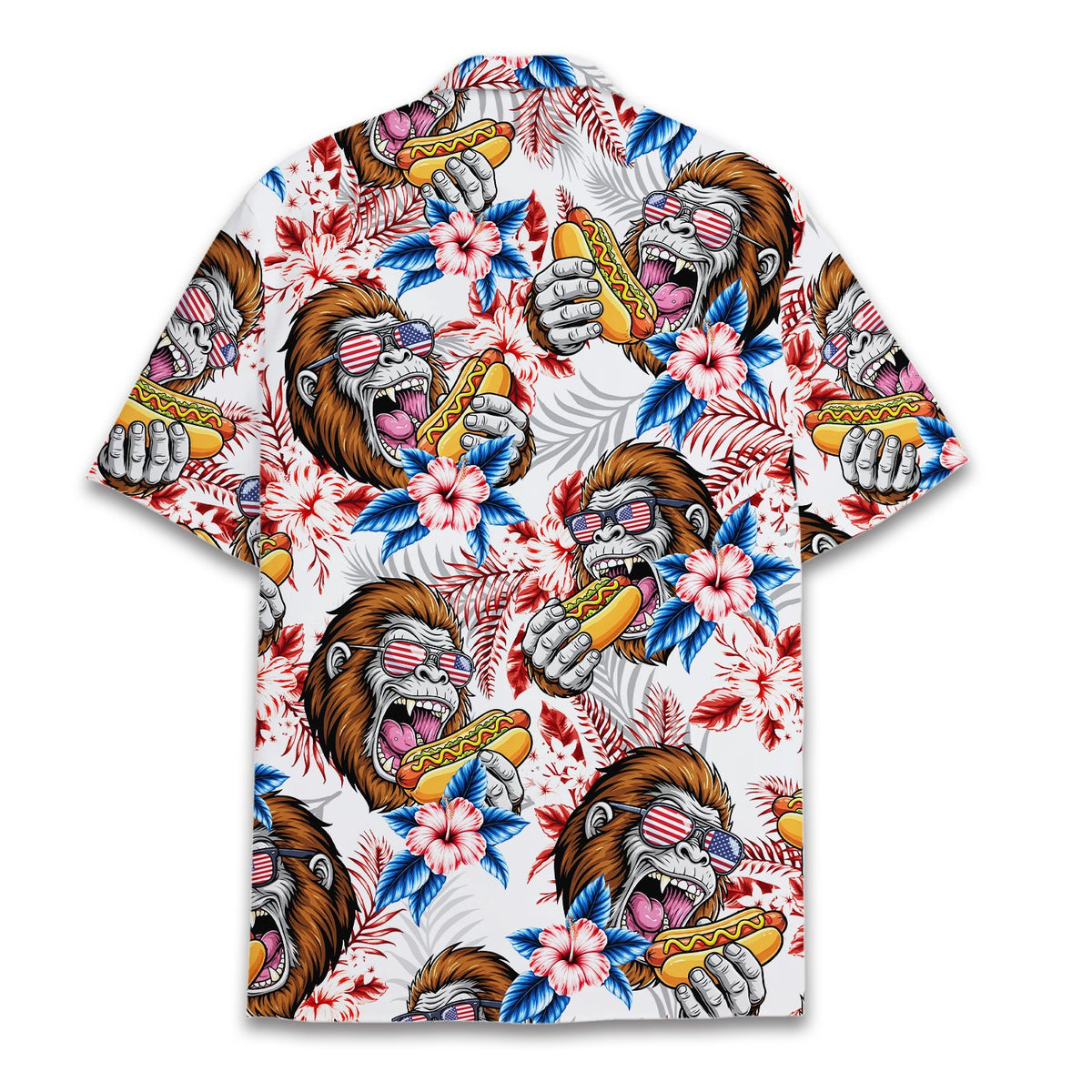 Back view of the white gorilla hawaiian shirt showing repeating tropical pattern