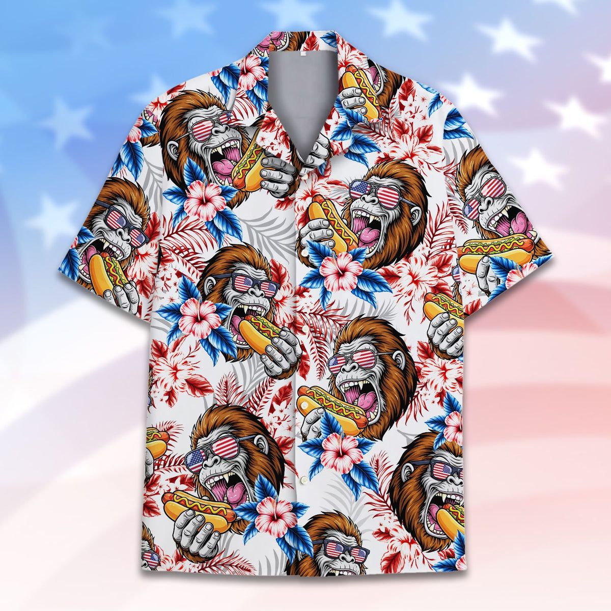 White gorilla hawaiian shirt with hot dog and hibiscus pattern, main front view