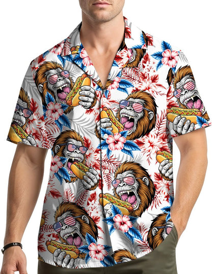 Lifestyle view of the matching family hawaiian shirts worn at a summer gathering