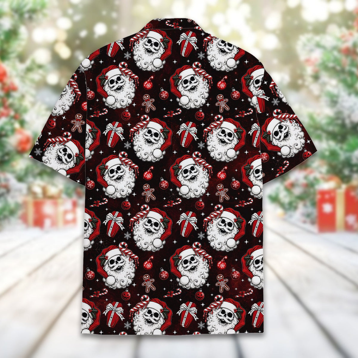 Back view of the black gothic hawaiian shirt with a starry dark background