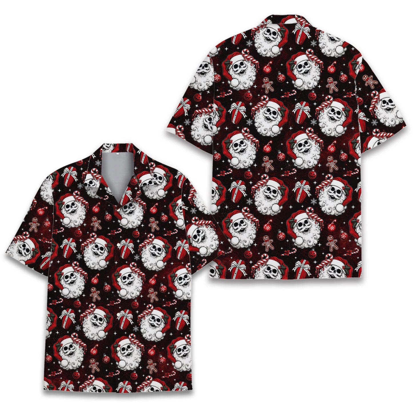 Close up front view showing the skull Santa Claus and coffin presents on the black hawaiian shirt