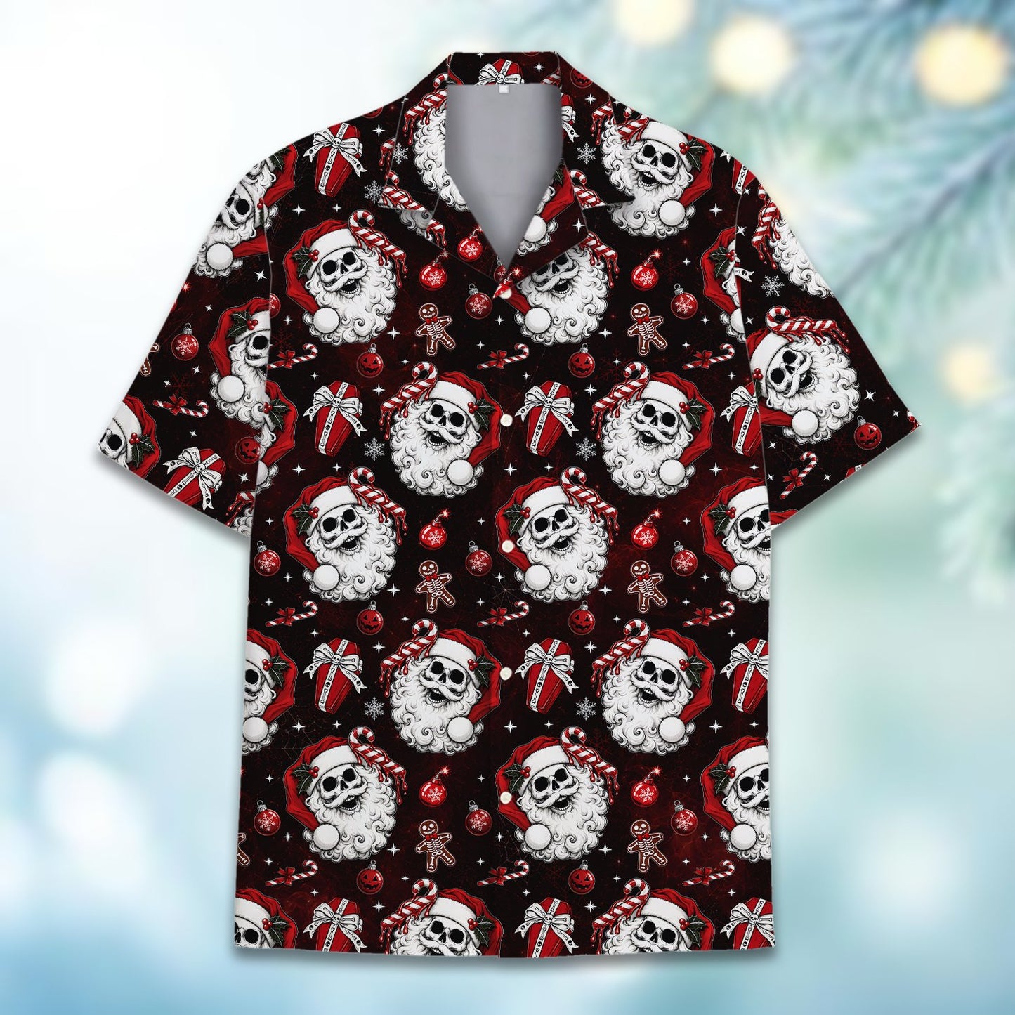 Detailed front view of the gothic holiday hawaiian shirt