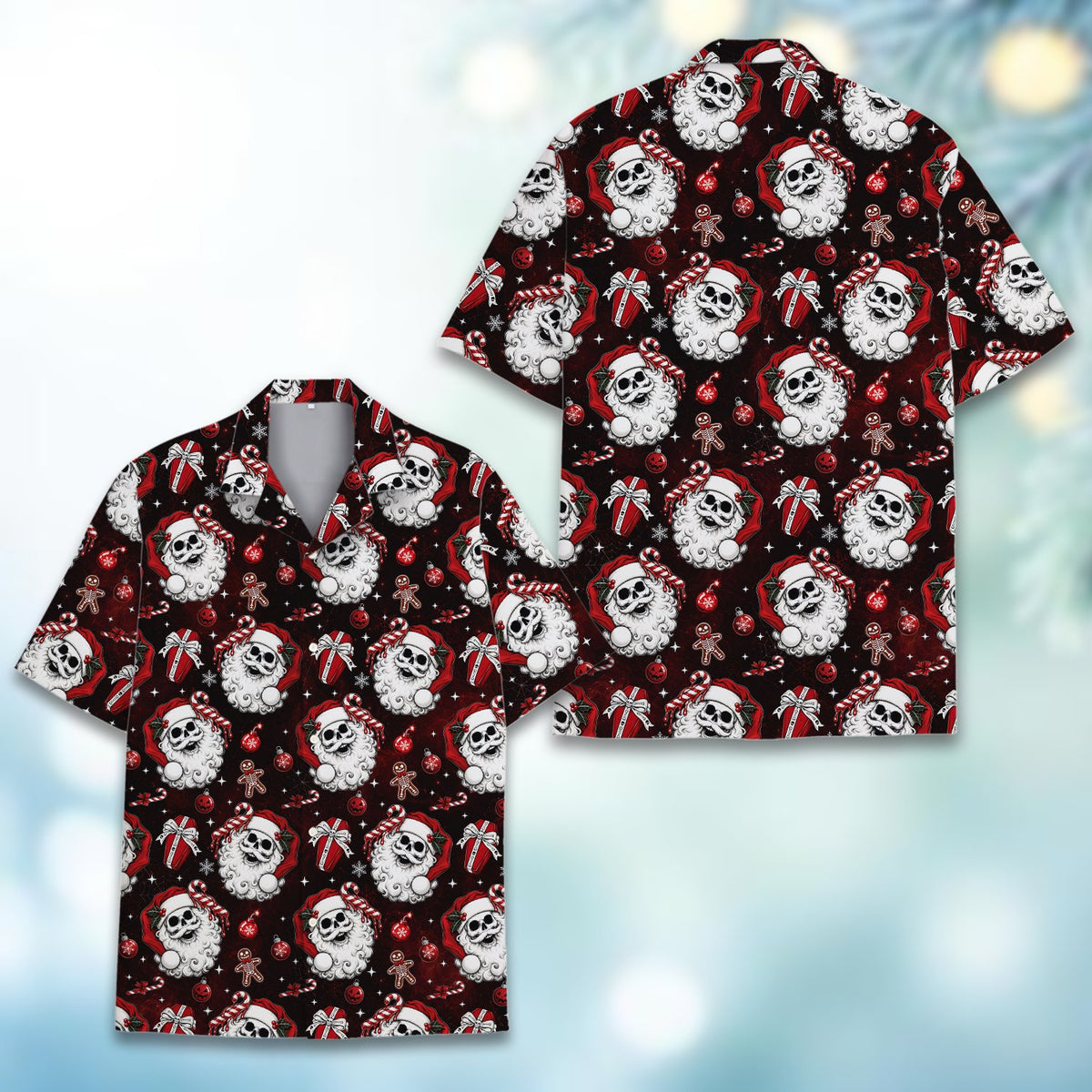 Front view of the matching family hawaiian shirt with gingerbread skeletons