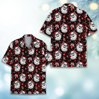 Main view of the black gothic hawaiian shirt featuring a skull Santa design