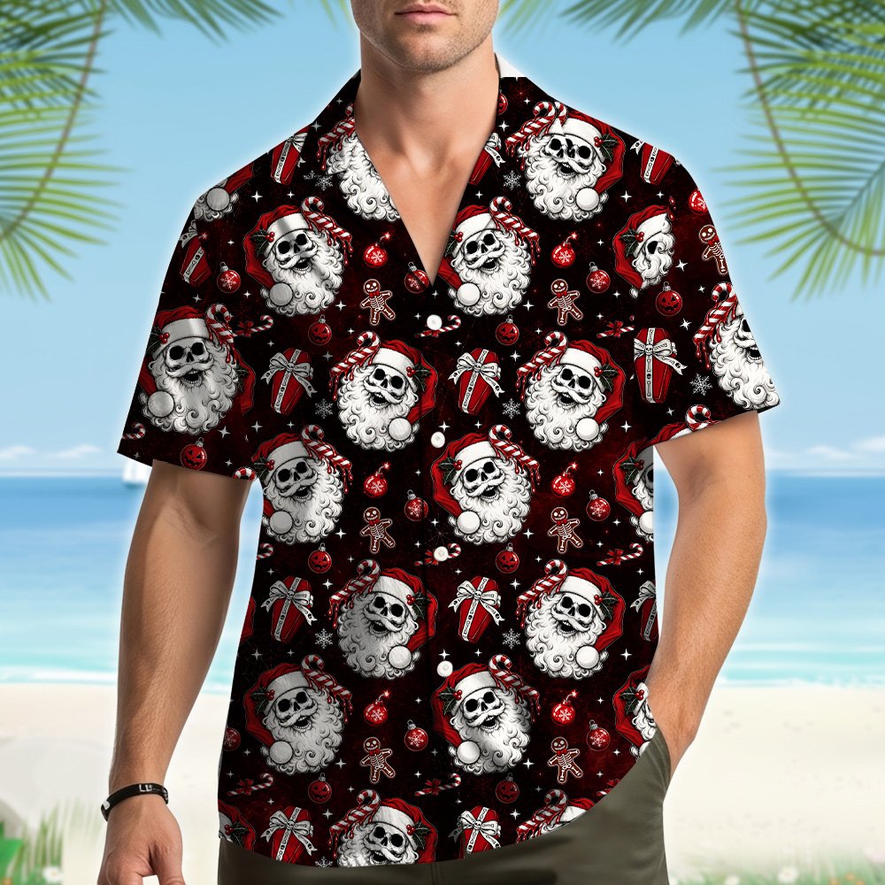 Lifestyle view of the matching family hawaiian shirts being worn in a festive setting