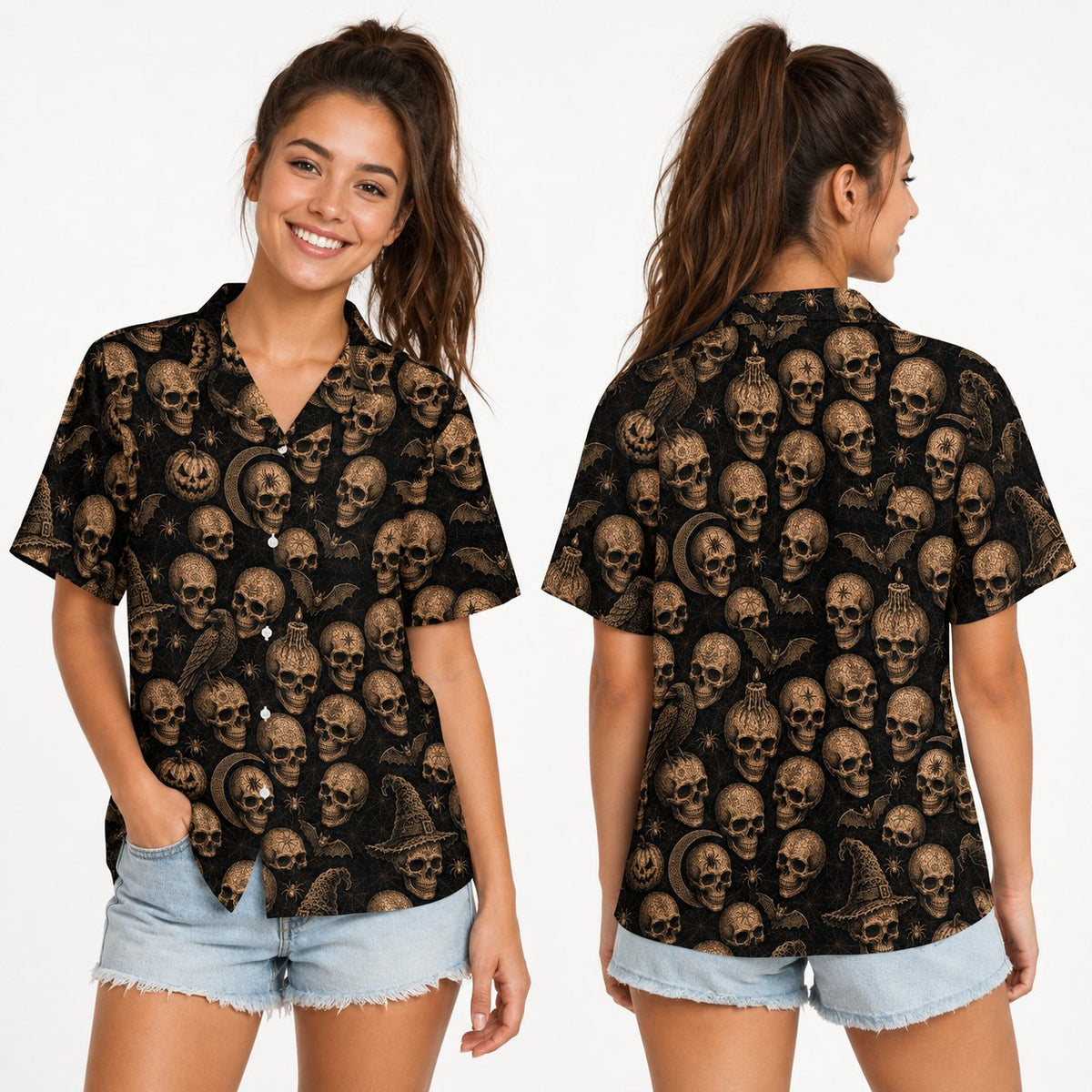 Front view of black gothic hawaiian shirt featuring vintage skulls and bats