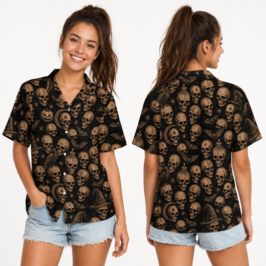 Front view of black gothic hawaiian shirt featuring vintage skulls and bats