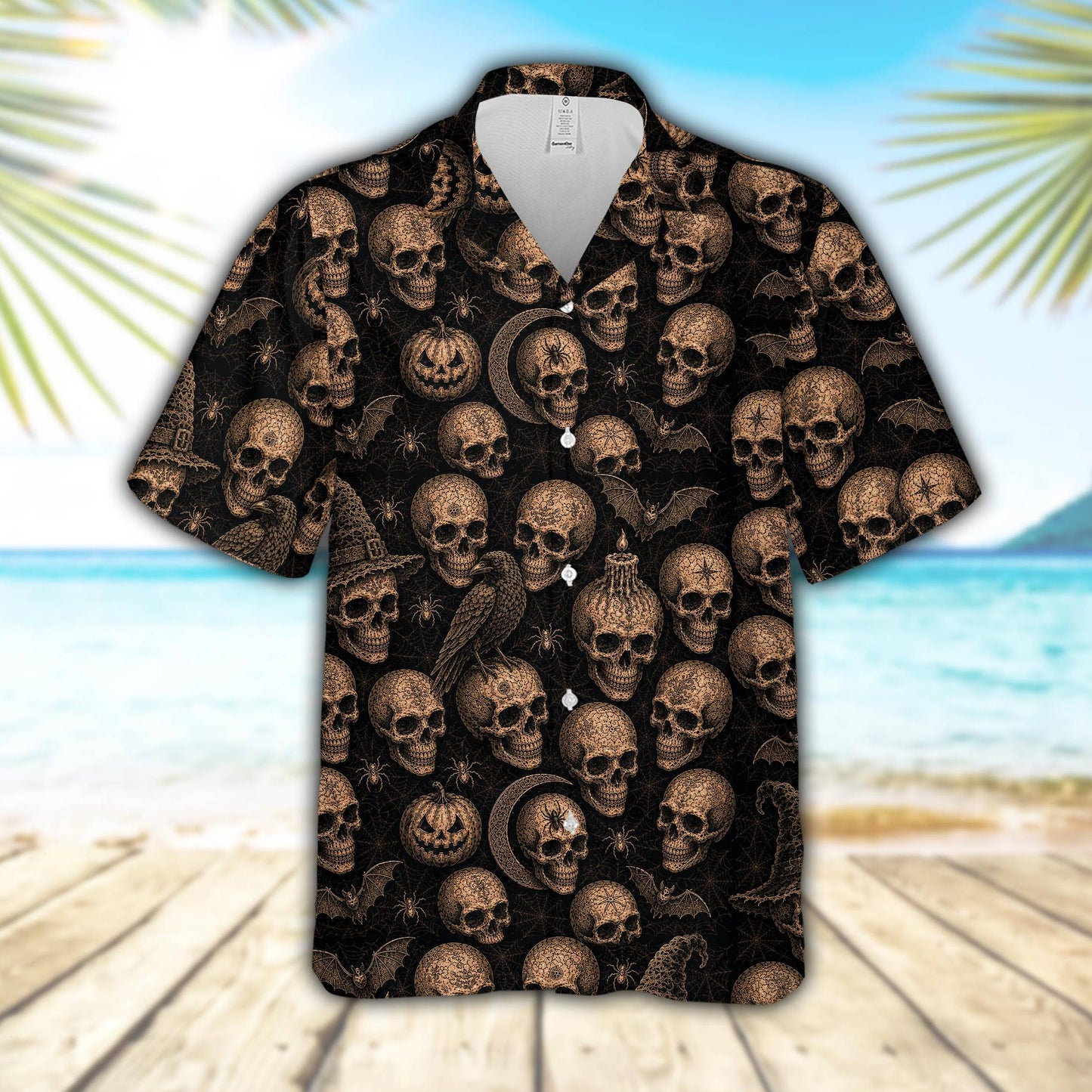 View of the matching family hawaiian shirts in gothic halloween theme