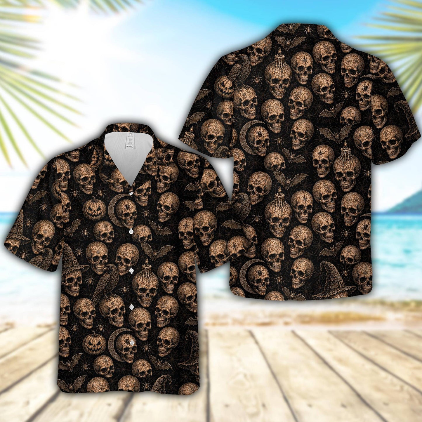 Detail view of the black gothic hawaiian shirt pattern with jack-o'-lanterns