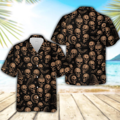 Detail view of the black gothic hawaiian shirt pattern with jack-o'-lanterns