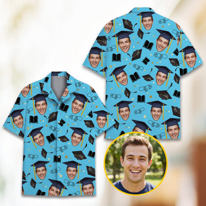 Close up of blue themed custom photo hawaiian shirt