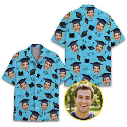 Detailed view of graduation hawaiian shirt with photo personalization