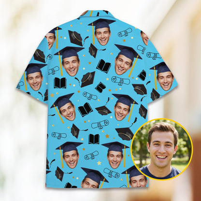 Blue elements on matching family hawaiian shirt with custom photo of a graduate, front view