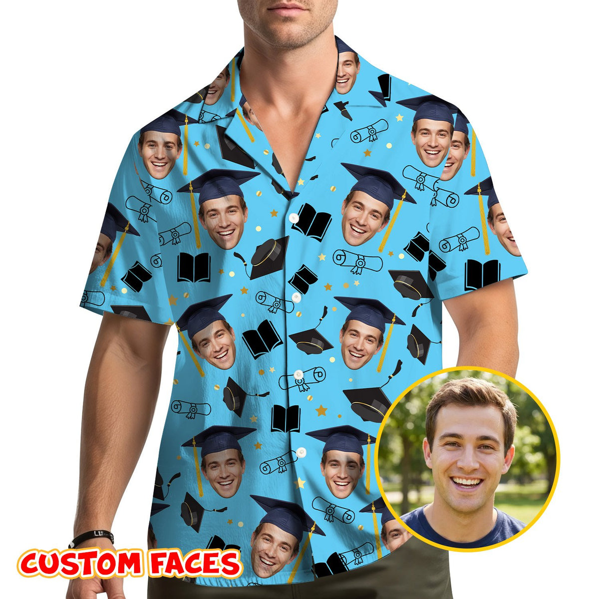 Lifestyle view of someone wearing the blue graduation hawaiian shirt