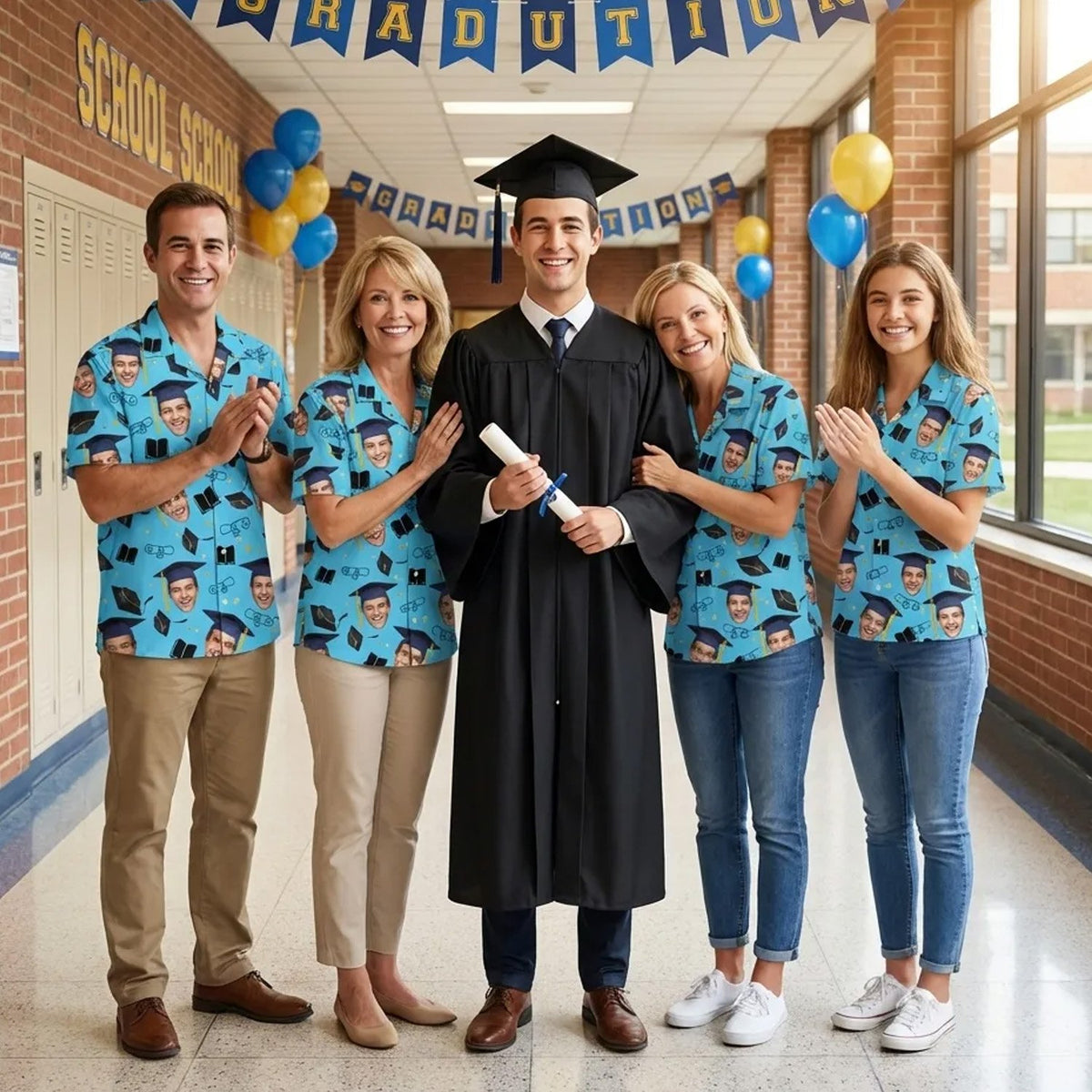Another lifestyle shot featuring the matching family hawaiian shirts